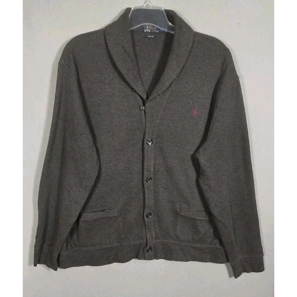 Polo Ralph Lauren Cardigan Sweater Mens XXL Charcoal Gray Shawl Collar Pockets